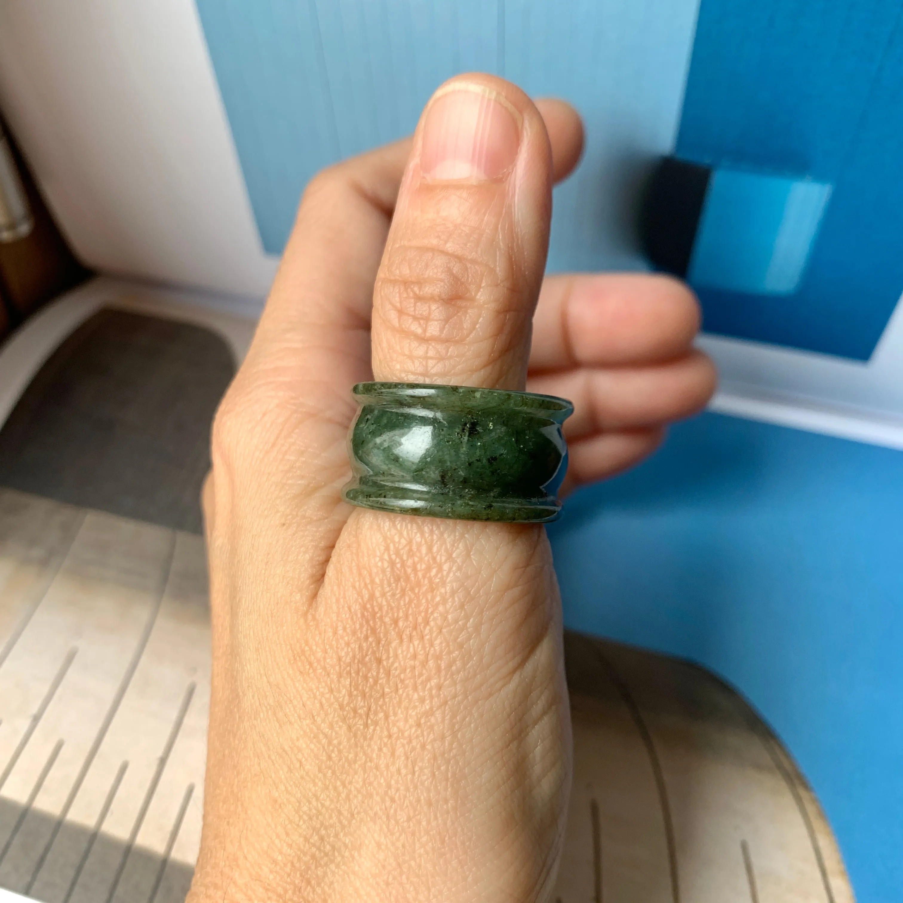 19.3mm A-Grade Natural Dark Green Jadeite Archer Ring Band No.161587