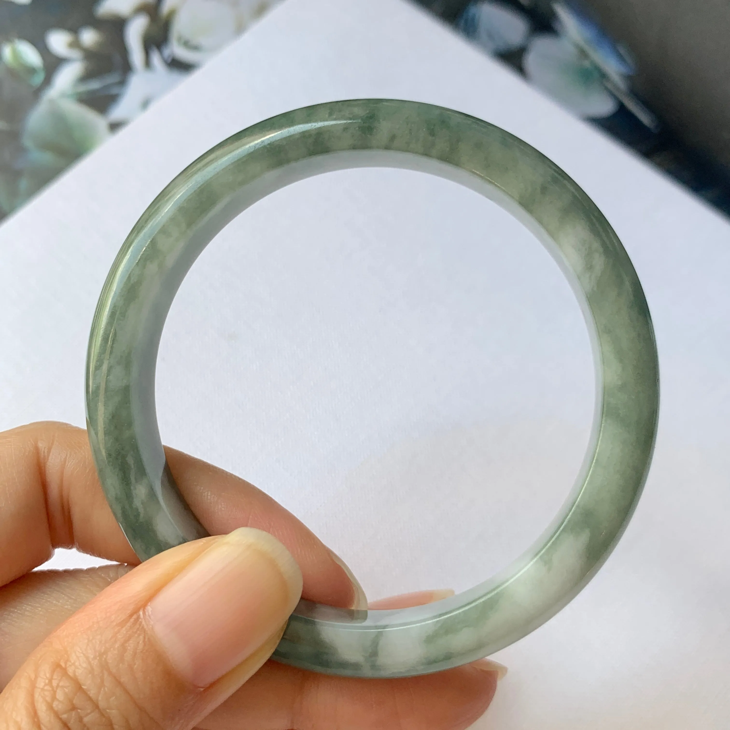 56.4mm A-Grade Natural Floral Bluish Green Jadeite Modern Round Bangle No.151936