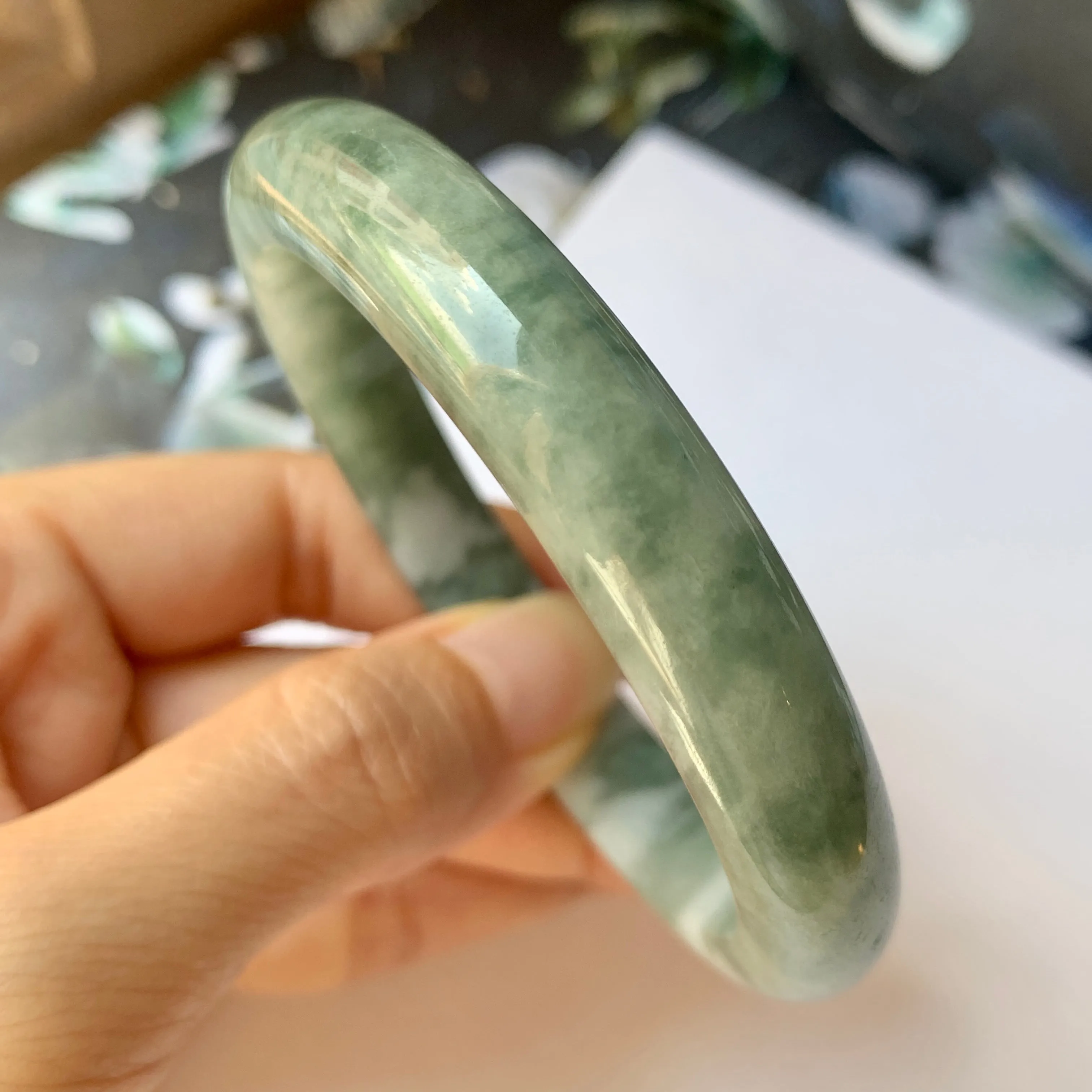 56.4mm A-Grade Natural Floral Bluish Green Jadeite Modern Round Bangle No.151936