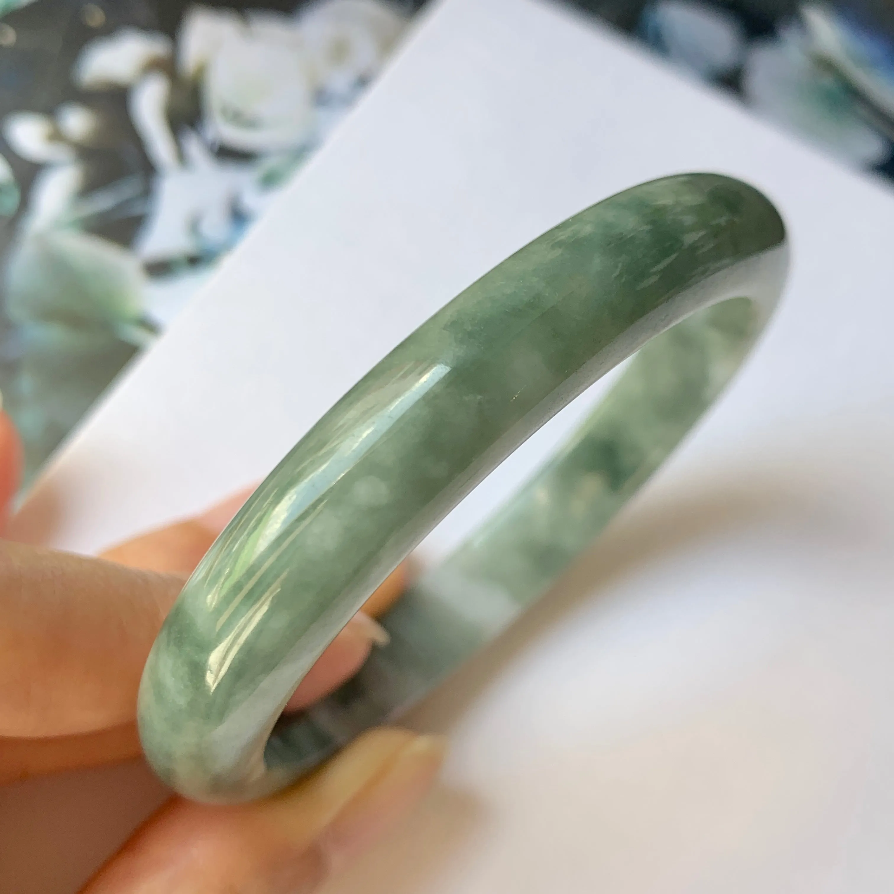 56.4mm A-Grade Natural Floral Bluish Green Jadeite Modern Round Bangle No.151936