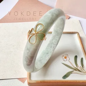 58mm A-Grade Natural Light Green Jadeite Modern Round Bangle with M.Petals Embellishment No.151977