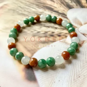 7.4mm A-Grade Natural Tri-Colour Jadeite Beaded Bracelet No.190347