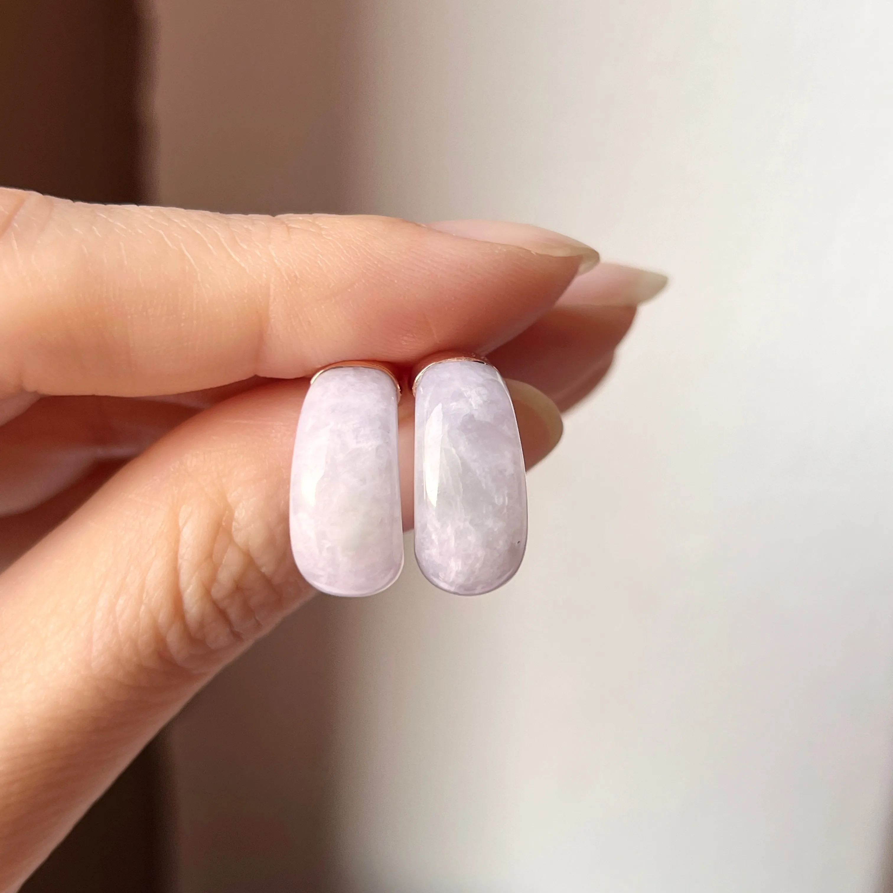 A-Grade Natural Lavender Green Jadeite Cloop Earring Studs No.180796