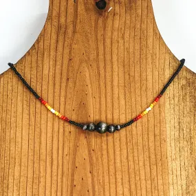 Aztec Seed Beaded Choker Necklace with Silver Beads in Black