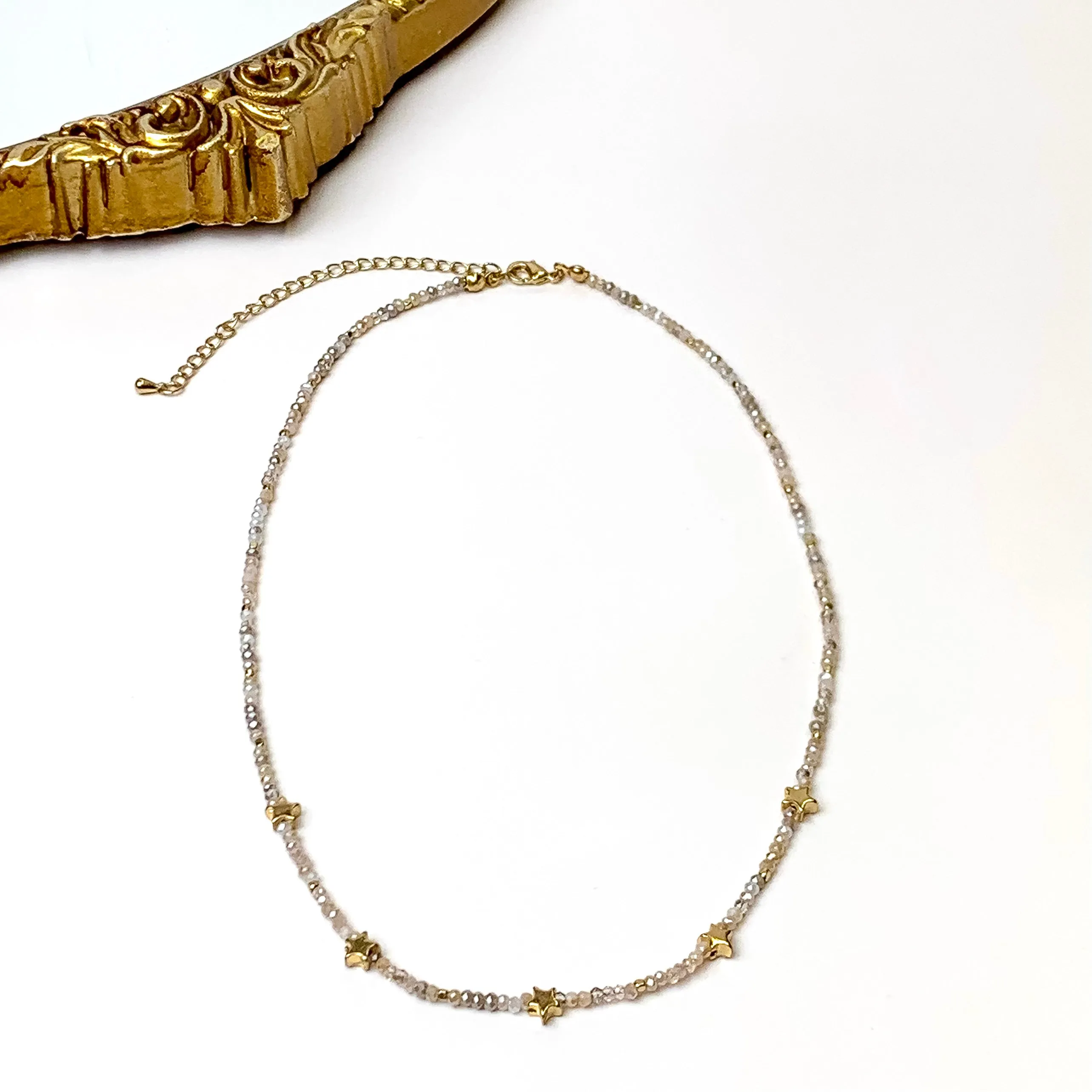 Beaded Choker Necklace with Gold Stars in Ivory