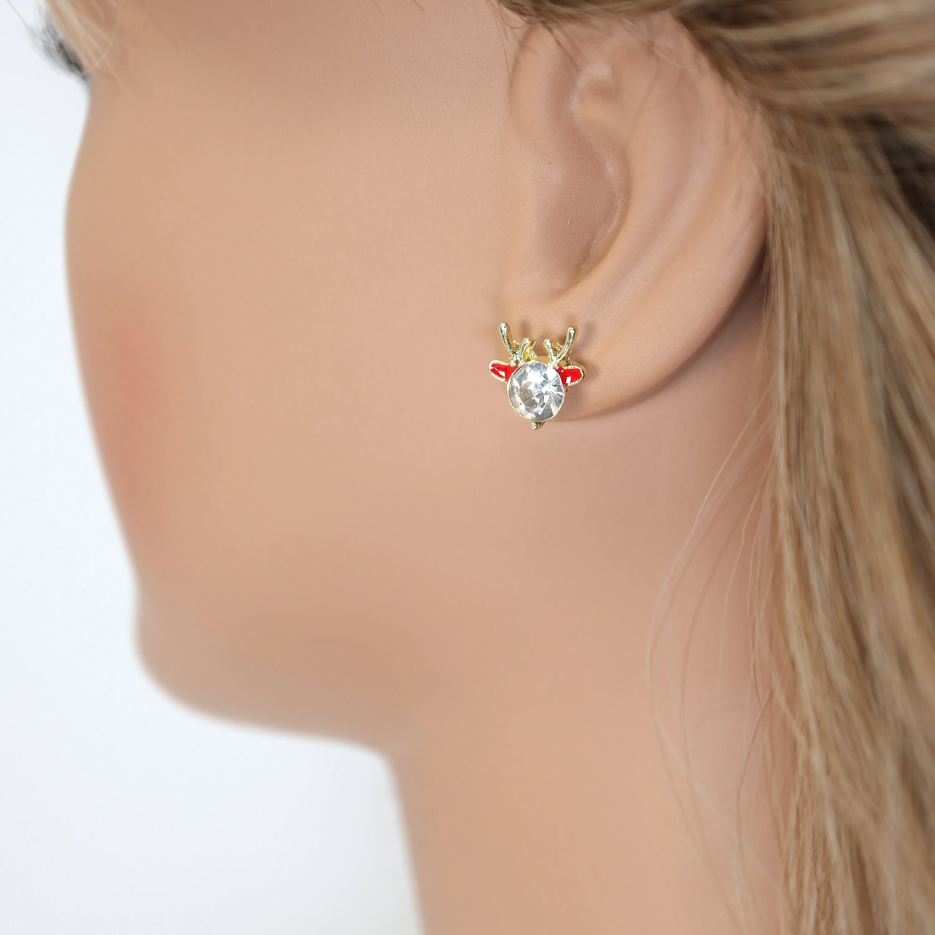 Crystal Gold And Red Reindeer Christmas earrings, Christmas Stud Earrings Statement Christmas earrings.