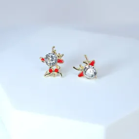 Crystal Gold And Red Reindeer Christmas earrings, Christmas Stud Earrings Statement Christmas earrings.